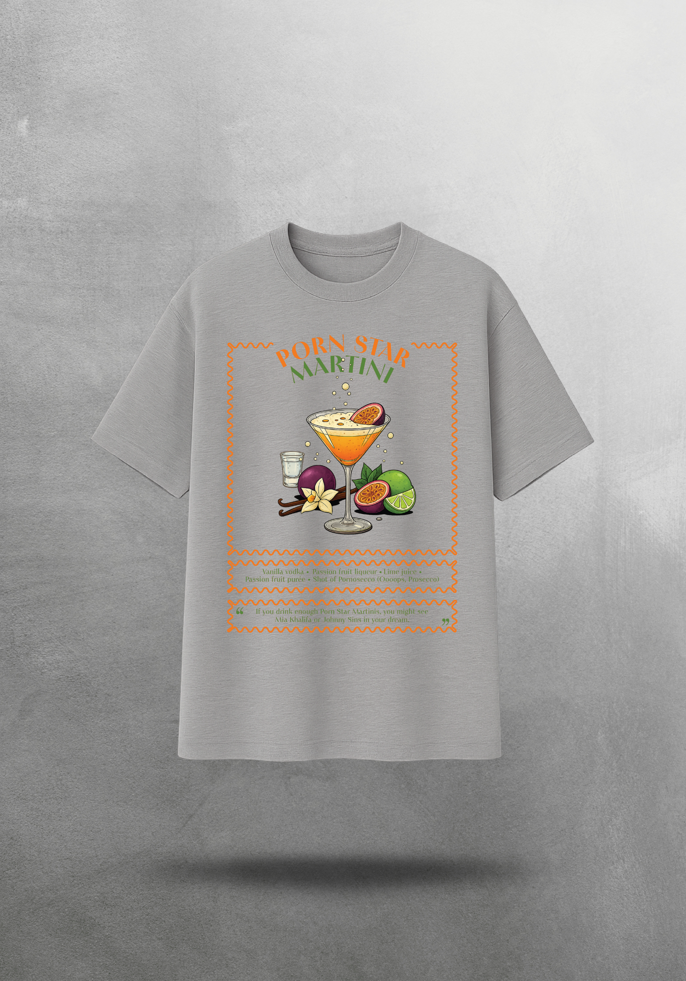 Kokteyl temalı unisex oversize tişört – Porn Star Martini Kokteyl, minimal, klasik kokteyl, mor, relax