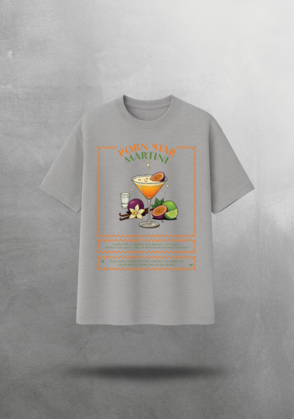 Kokteyl temalı unisex oversize tişört – Porn Star Martini Kokteyl, minimal, klasik kokteyl, mor, relax