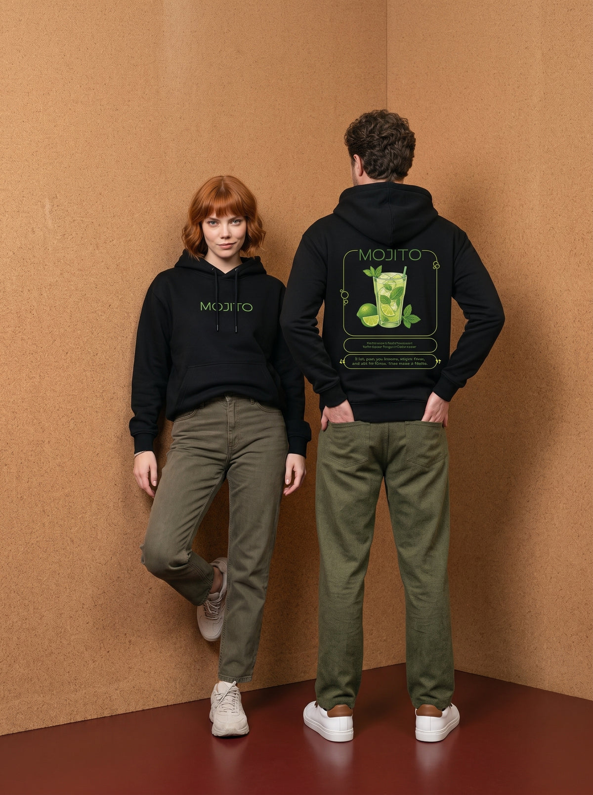 Mr.B Mojito Hoodie · Siyah · Lisa ve Nathan ürünü giyerken (kurgusal karakterler, görsel yapay zekâ ile üretildi)