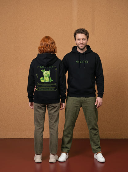 Mr.B Mojito Hoodie · Siyah · Lisa ve Nathan ürünü giyerken (kurgusal karakterler, görsel yapay zekâ ile üretildi)