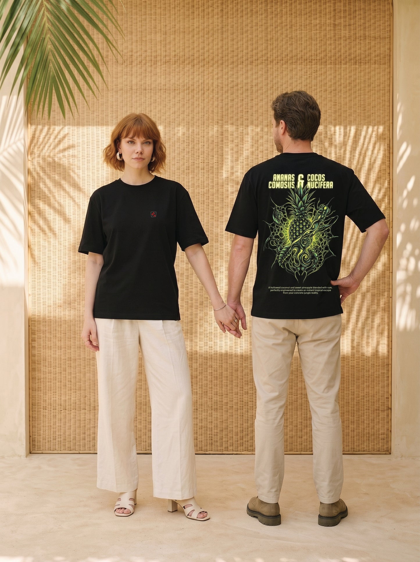 Mr.B Piña Colada — Biomorphism Koleksiyonu · Lisa ve Nathan ürünü giyerken (kurgusal karakterler, görsel yapay zekâ ile üretildi)