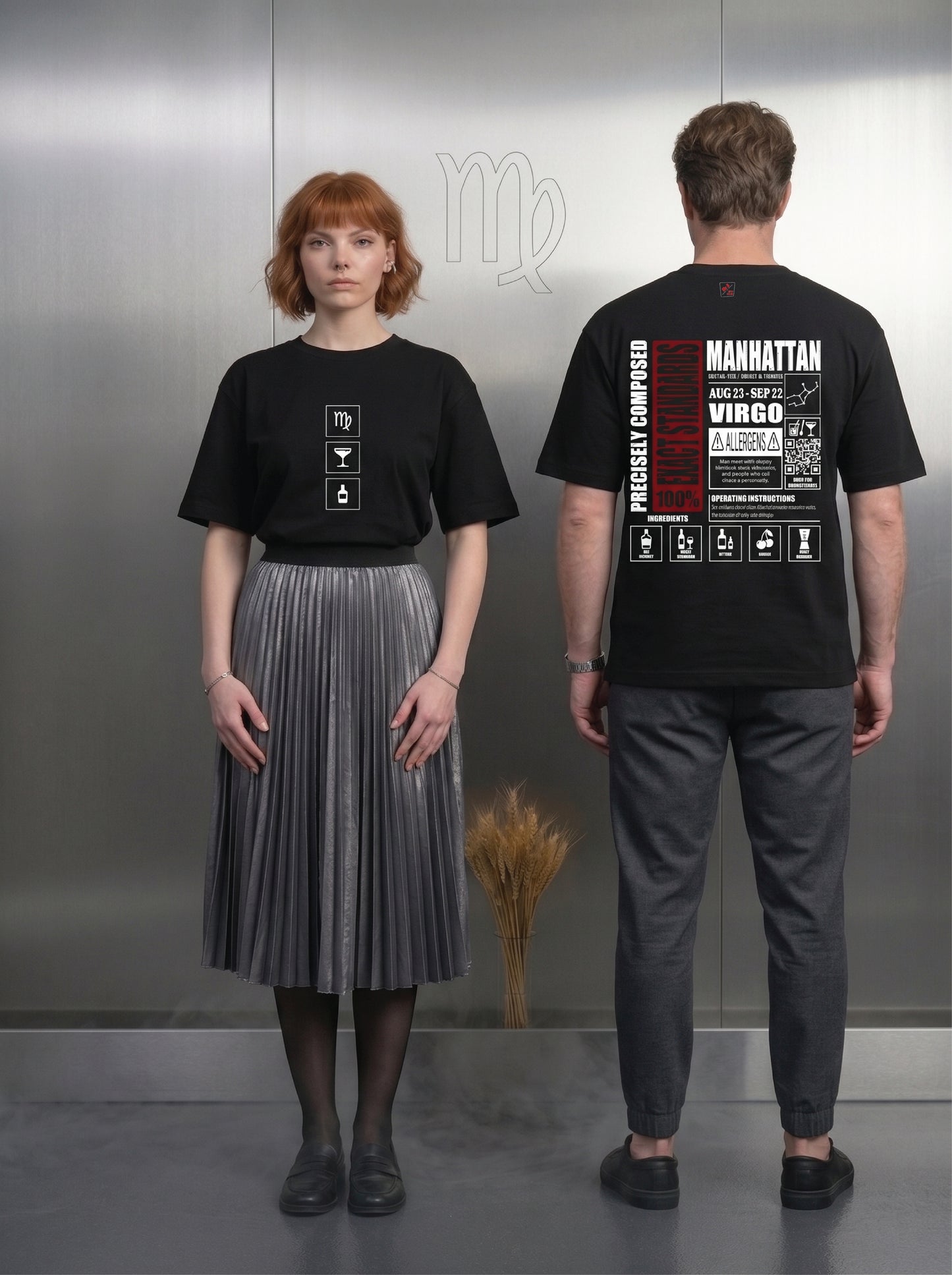 Mr.B Başak Burcu Tişörtü · Lisa ve Nathan ürünü giyerken (kurgusal karakterler, görsel yapay zekâ ile üretildi)