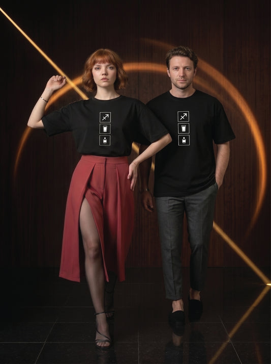 Mr.B Yay Burcu Tişörtü · Lisa ve Nathan ürünü giyerken (kurgusal karakterler, görsel yapay zekâ ile üretildi)