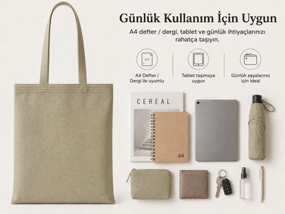 Mr.B Old Fashioned Bez Çanta – Haki | Gabardin 35×40 cm · kapasite ve günlük kullanım