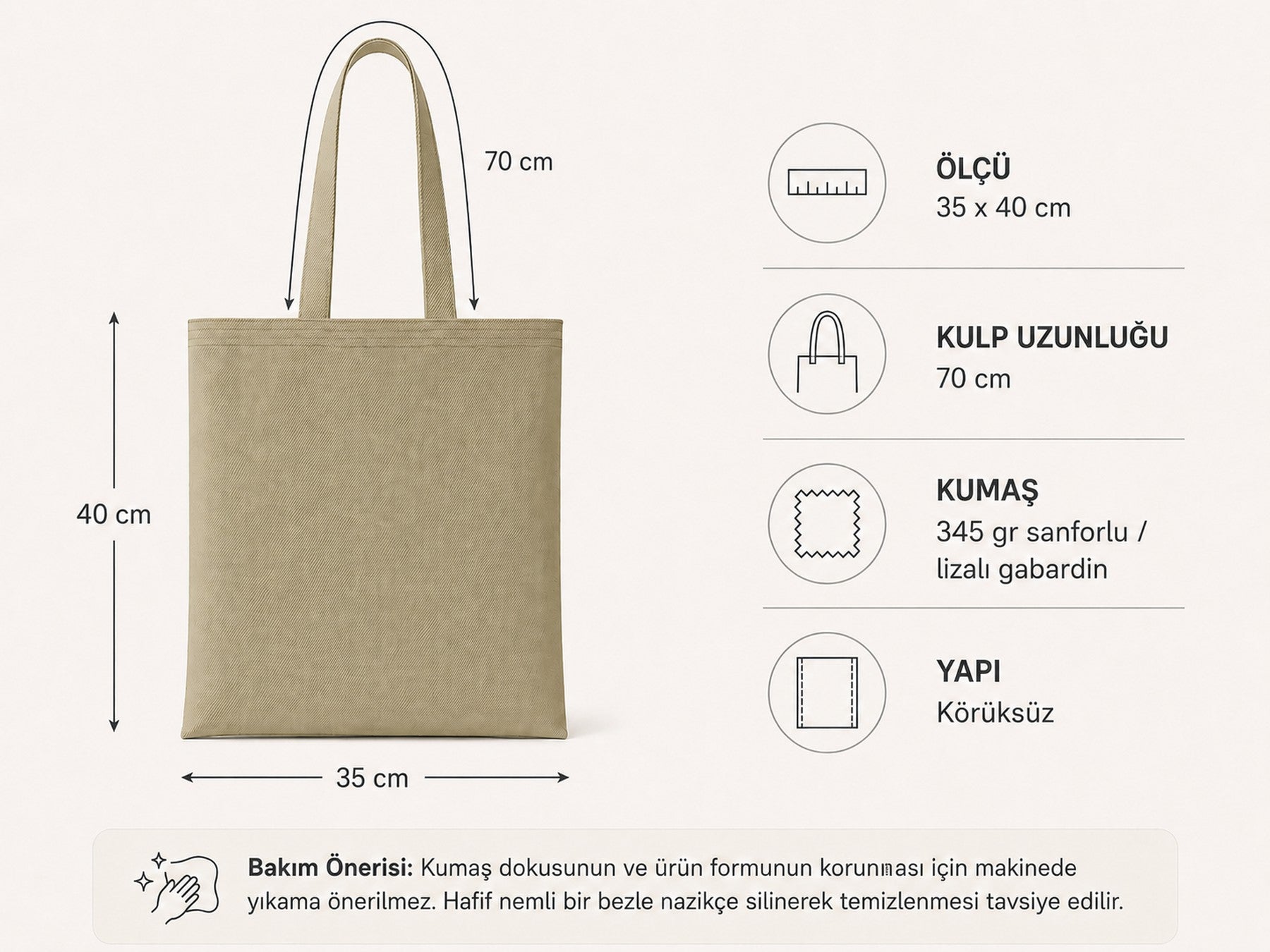 Mr.B Margarita Bez Çanta – Haki | Gabardin 35×40 cm · ölçüler ve teknik bilgiler