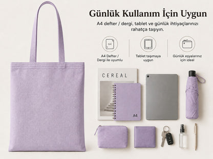 Mr.B Cosmopolitan Bez Çanta – Lila | Gabardin 35×40 cm · kapasite ve günlük kullanım