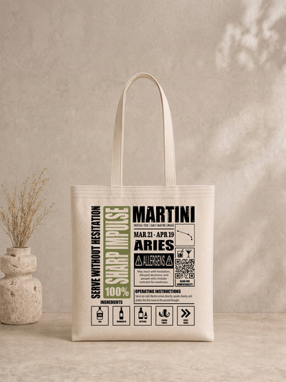 Mr.B Koç Burcu Bez Çanta · Zodiac of Cocktails · Martini · Ham · ürün görseli, baskılı arka yüz