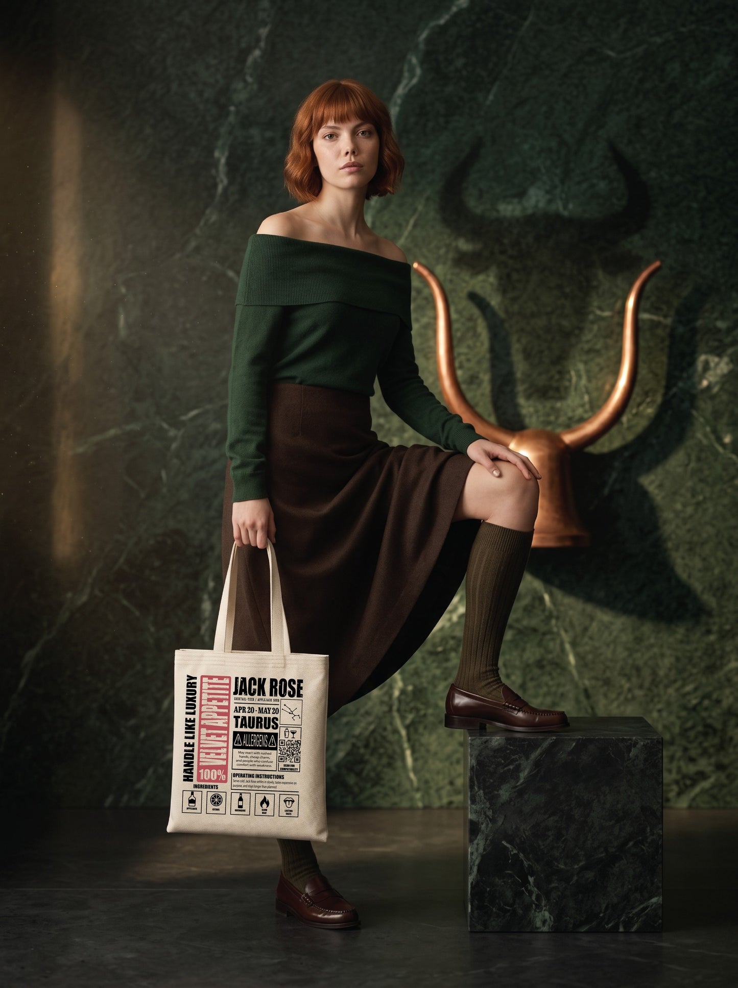 Mr.B Boğa Burcu Bez Çanta · Zodiac of Cocktails · Jack Rose · Ham · Lisa ürünü taşırken (kurgusal karakter, görsel yapay zekâ ile üretildi)