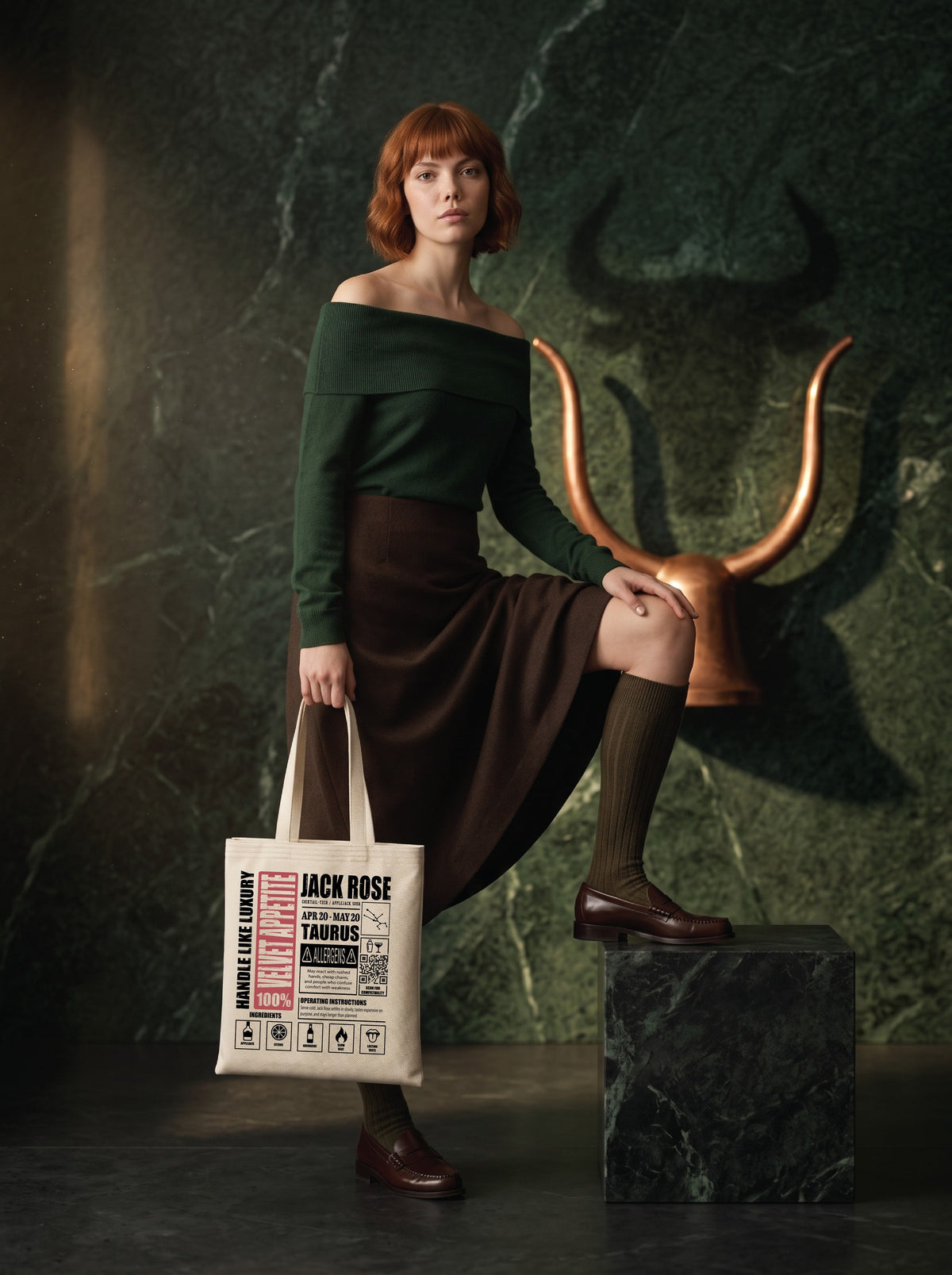 Mr.B Boğa Burcu Bez Çanta · Zodiac of Cocktails · Jack Rose · Ham · Lisa ürünü taşırken (kurgusal karakter, görsel yapay zekâ ile üretildi)