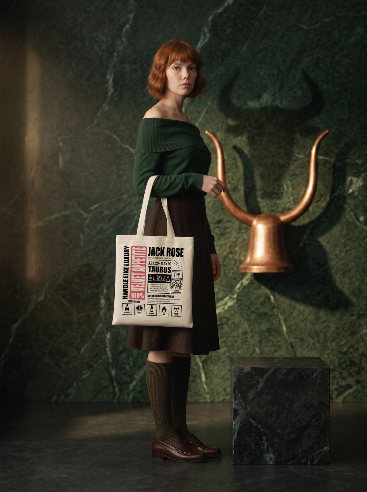 Mr.B Boğa Burcu Bez Çanta · Zodiac of Cocktails · Jack Rose · Ham · Lisa ürünü taşırken (kurgusal karakter, görsel yapay zekâ ile üretildi)