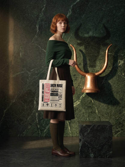 Mr.B Boğa Burcu Bez Çanta · Zodiac of Cocktails · Jack Rose · Ham · Lisa ürünü taşırken (kurgusal karakter, görsel yapay zekâ ile üretildi)