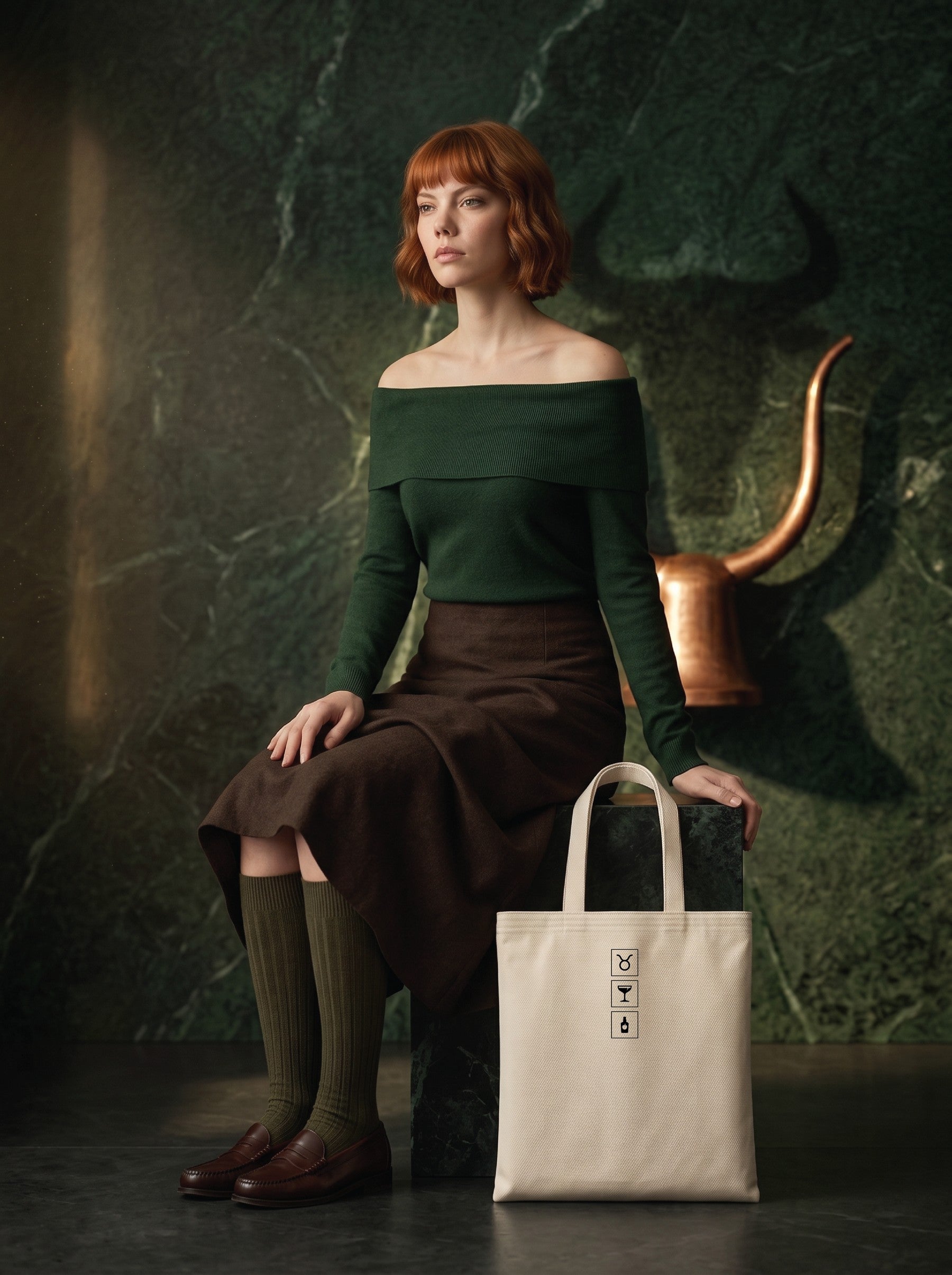 Mr.B Boğa Burcu Bez Çanta · Zodiac of Cocktails · Jack Rose · Ham · Lisa ürünü taşırken (kurgusal karakter, görsel yapay zekâ ile üretildi)