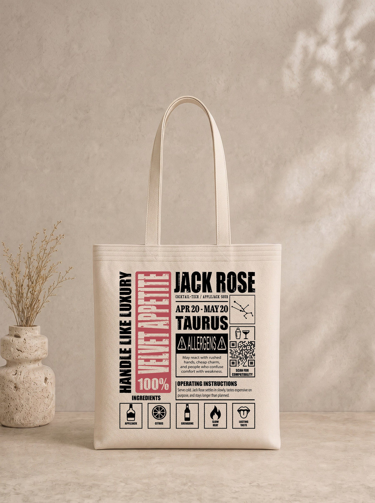Mr.B Boğa Burcu Bez Çanta · Zodiac of Cocktails · Jack Rose · Ham · ürün görseli, baskılı arka yüz