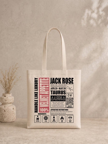 Mr.B Boğa Burcu Bez Çanta · Zodiac of Cocktails · Jack Rose · Ham · ürün görseli, baskılı arka yüz