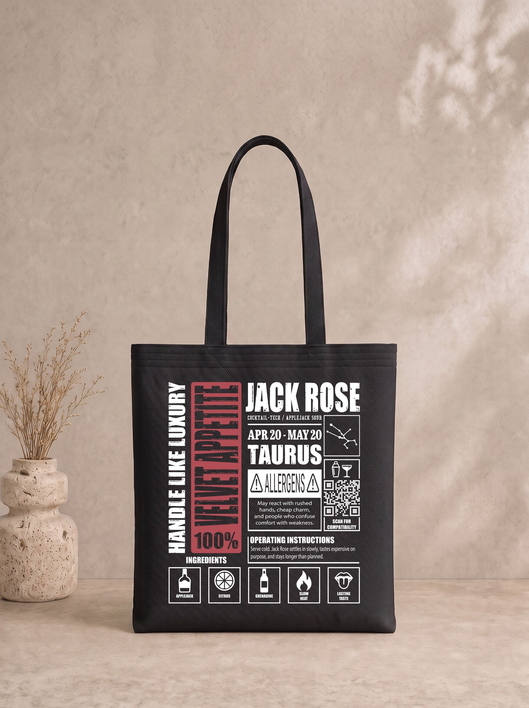 Mr.B Boğa Burcu Bez Çanta · Zodiac of Cocktails · Jack Rose · Siyah · ürün görseli, baskılı arka yüz