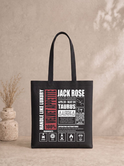 Mr.B Boğa Burcu Bez Çanta · Zodiac of Cocktails · Jack Rose · Siyah · ürün görseli, baskılı arka yüz