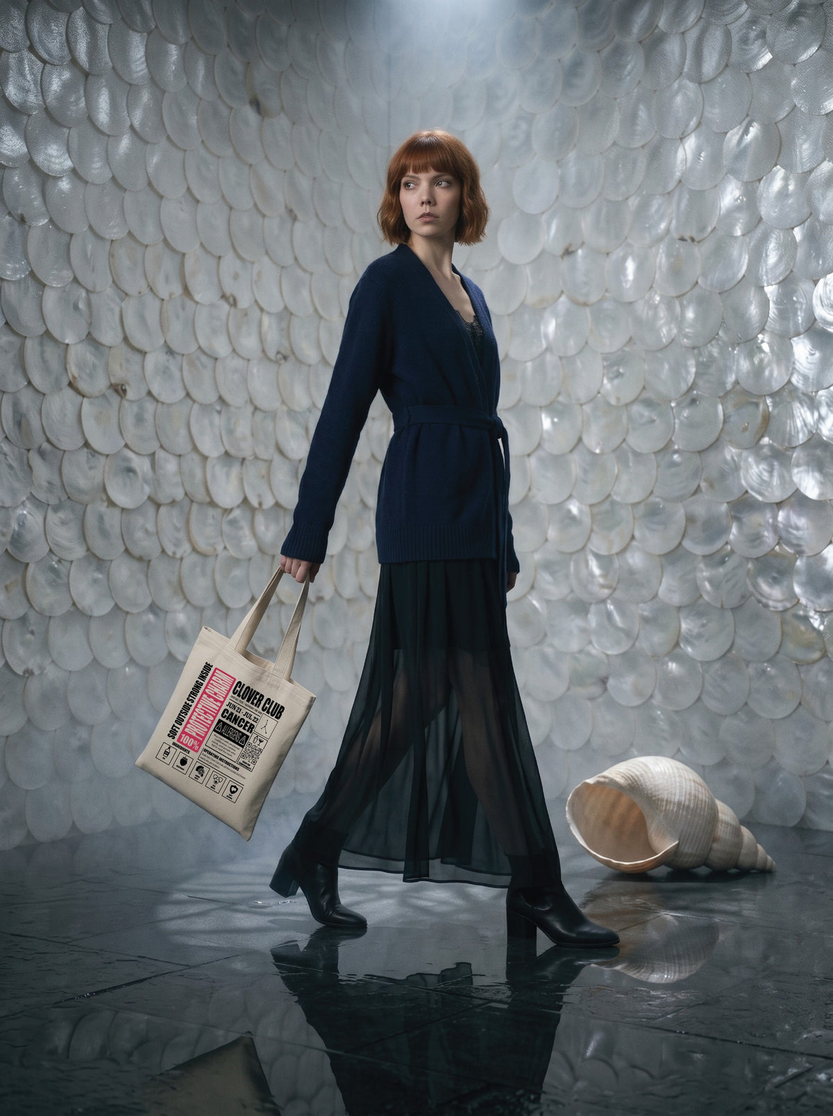 Mr.B Yengeç Burcu Bez Çanta · Zodiac of Cocktails · Clover Club · Ham · Lisa ürünü taşırken (kurgusal karakter, görsel yapay zekâ ile üretildi)