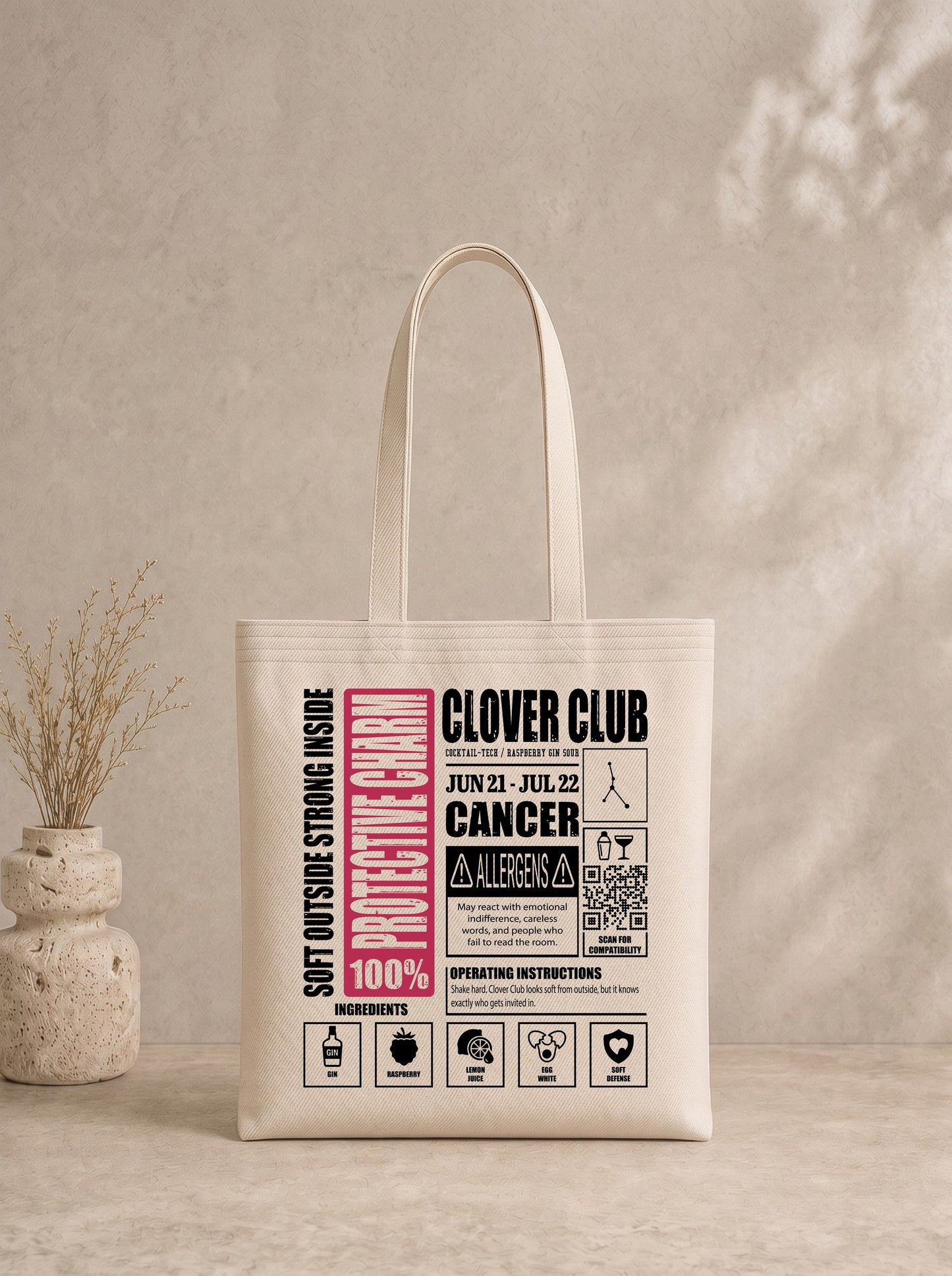 Mr.B Yengeç Burcu Bez Çanta · Zodiac of Cocktails · Clover Club · Ham · ürün görseli, baskılı arka yüz