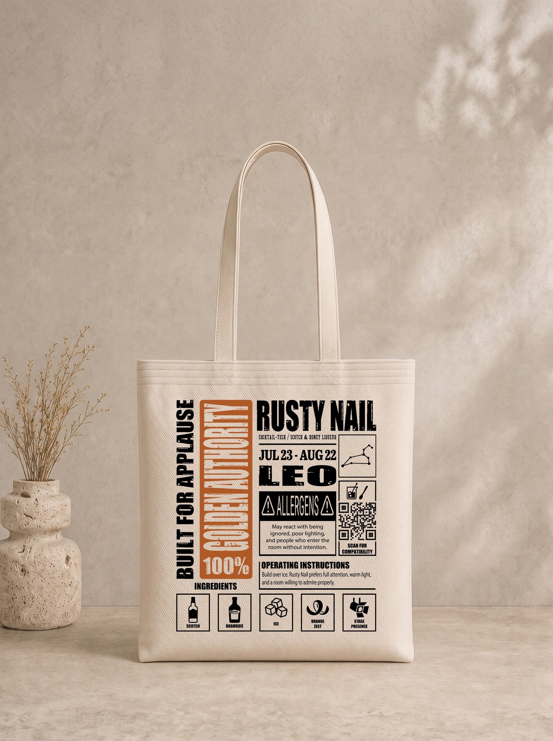Mr.B Aslan Burcu Bez Çanta · Zodiac of Cocktails · Rusty Nail · Ham · ürün görseli, baskılı arka yüz