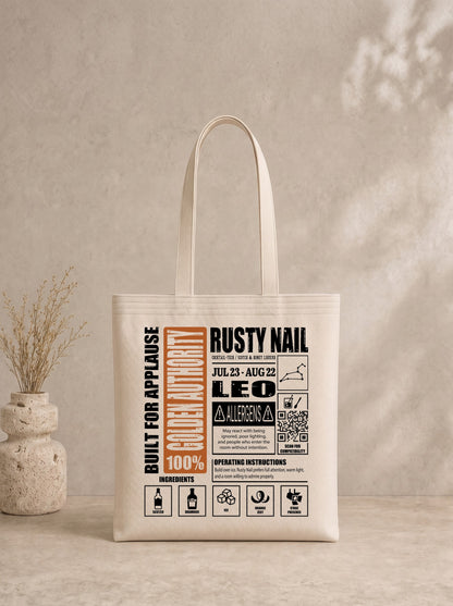 Mr.B Aslan Burcu Bez Çanta · Zodiac of Cocktails · Rusty Nail · Ham · ürün görseli, baskılı arka yüz