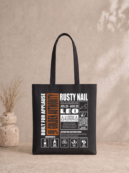 Mr.B Aslan Burcu Bez Çanta · Zodiac of Cocktails · Rusty Nail · Siyah · ürün görseli, baskılı arka yüz