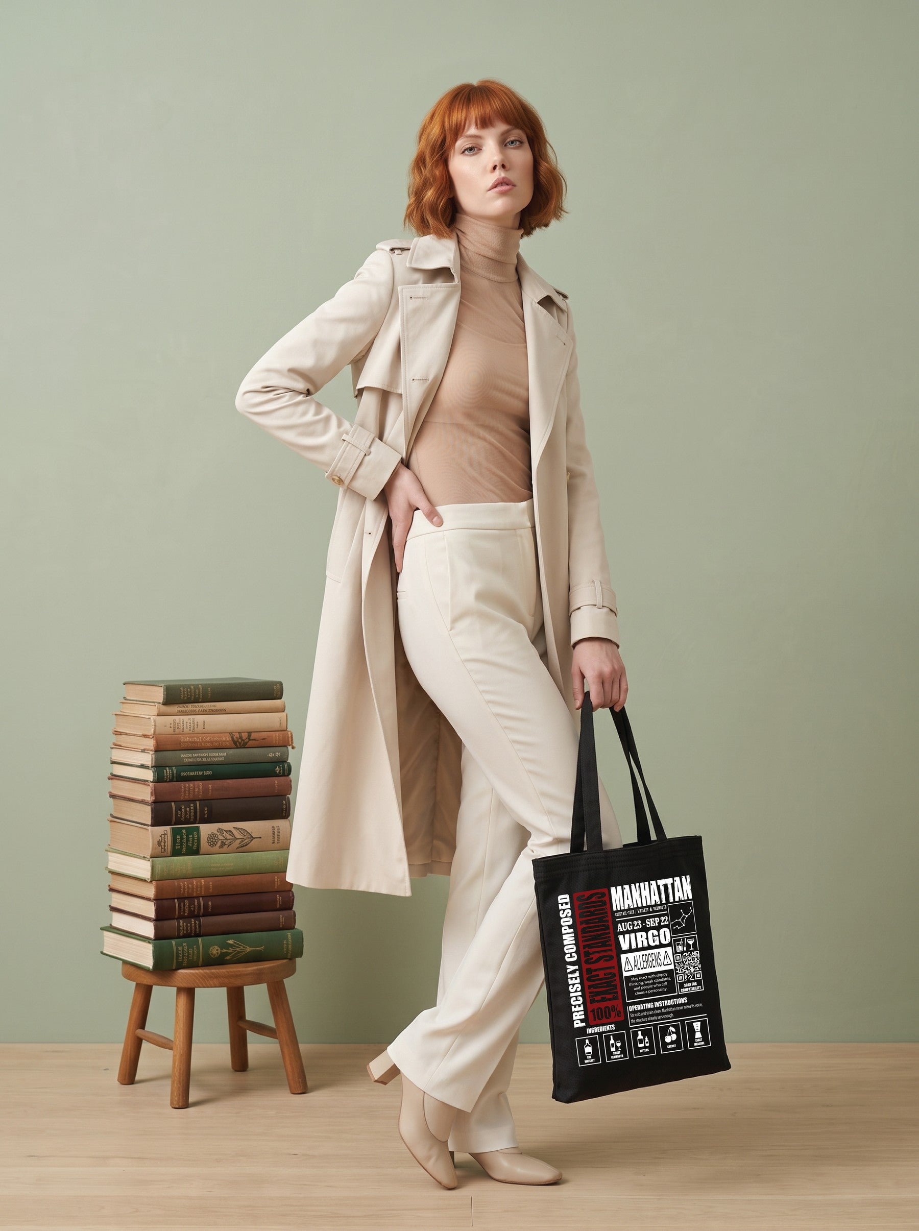 Mr.B Başak Burcu Bez Çanta · Zodiac of Cocktails · Manhattan · Siyah · Lisa ürünü taşırken (kurgusal karakter, görsel yapay zekâ ile üretildi)