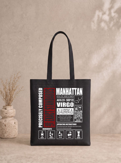 Mr.B Başak Burcu Bez Çanta · Zodiac of Cocktails · Manhattan · Siyah · ürün görseli, baskılı arka yüz