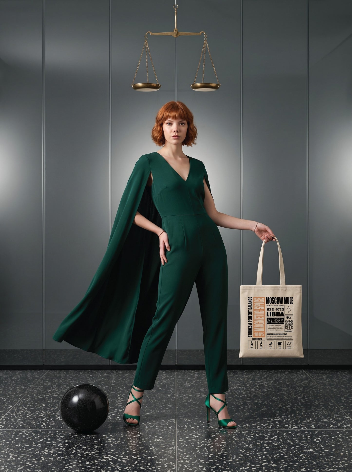 Mr.B Terazi Burcu Bez Çanta · Zodiac of Cocktails · Moscow Mule · Ham · Lisa ürünü taşırken (kurgusal karakter, görsel yapay zekâ ile üretildi)