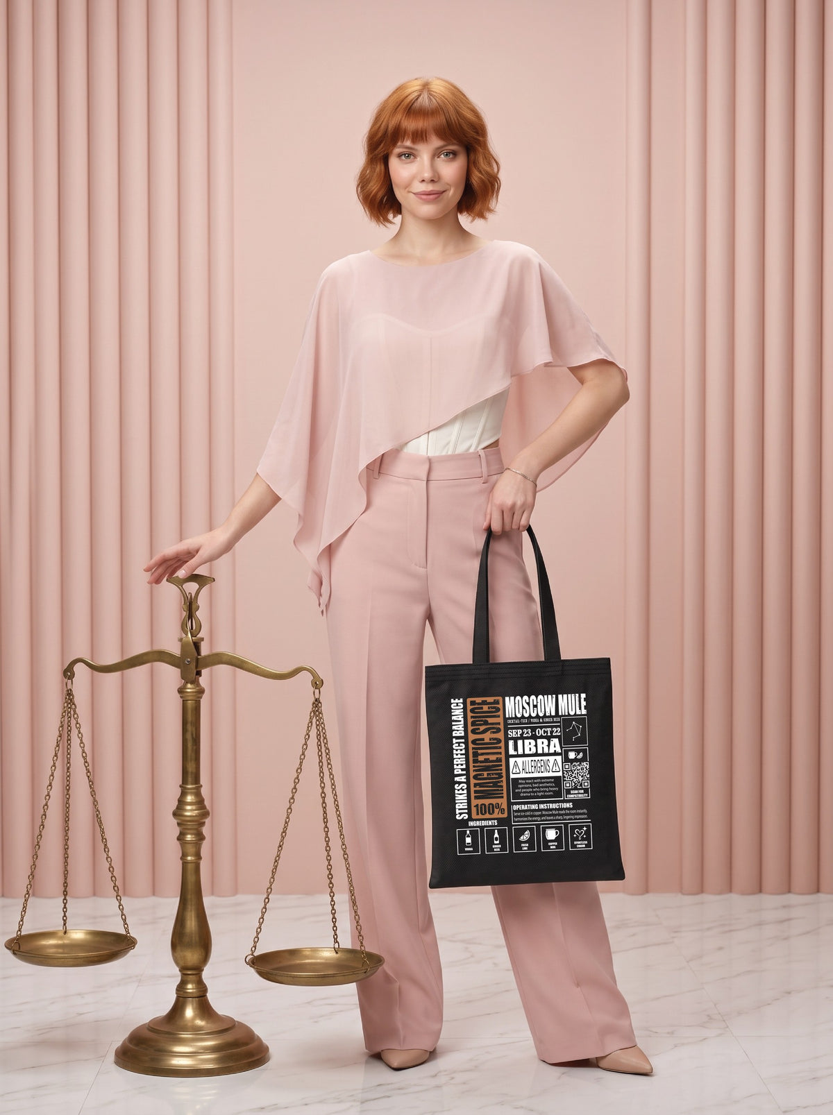 Mr.B Terazi Burcu Bez Çanta · Zodiac of Cocktails · Moscow Mule · Siyah · Lisa ürünü taşırken (kurgusal karakter, görsel yapay zekâ ile üretildi)