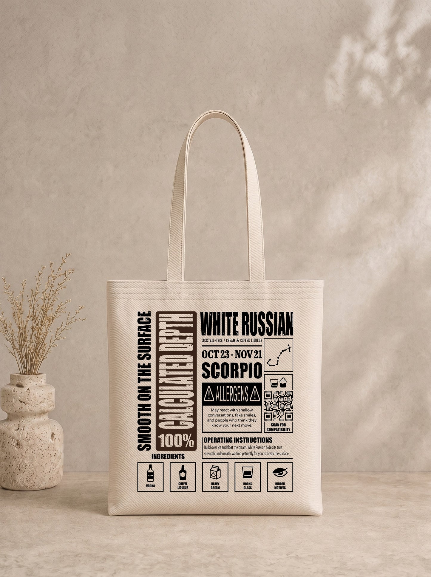 Mr.B Akrep Burcu Bez Çanta · Zodiac of Cocktails · White Russian · Ham · ürün görseli, baskılı arka yüz