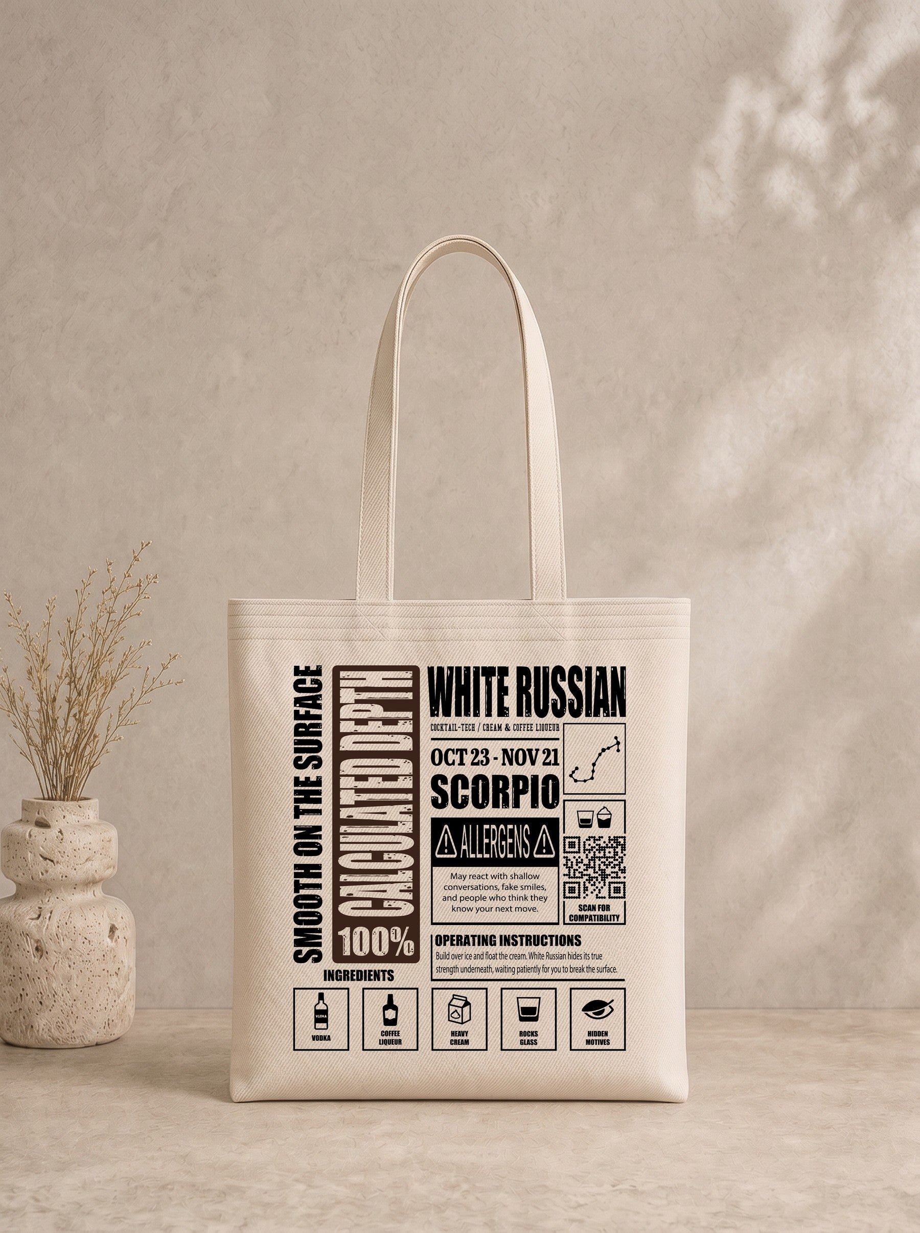 Mr.B Akrep Burcu Bez Çanta · Zodiac of Cocktails · White Russian · Ham · ürün görseli, baskılı arka yüz