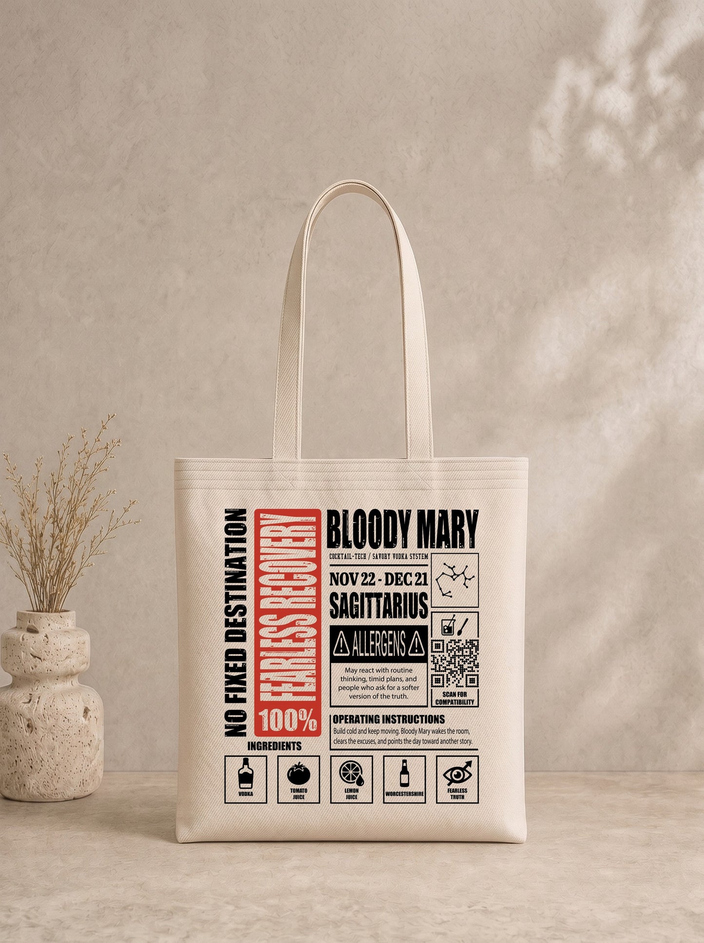 Mr.B Yay Burcu Bez Çanta · Zodiac of Cocktails · Bloody Mary · Ham · ürün görseli, baskılı arka yüz