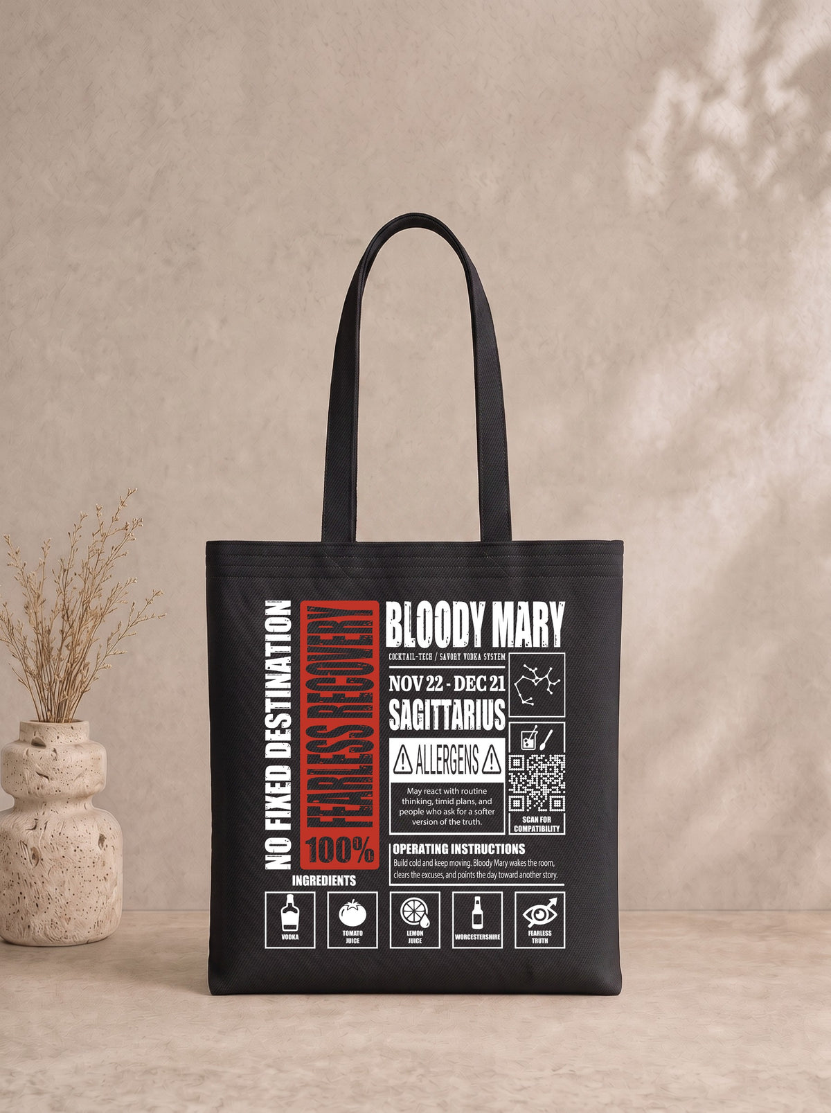 Mr.B Yay Burcu Bez Çanta · Zodiac of Cocktails · Bloody Mary · Siyah · ürün görseli, baskılı arka yüz