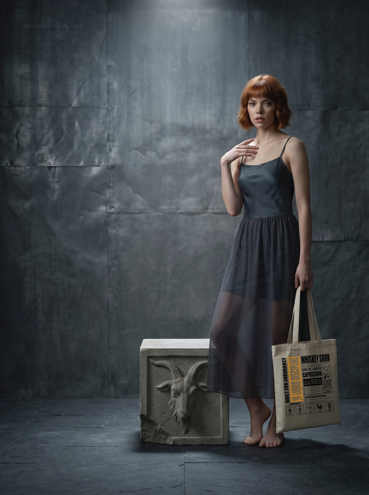 Mr.B Oğlak Burcu Bez Çanta · Zodiac of Cocktails · Whiskey Sour · Ham · Lisa ürünü taşırken (kurgusal karakter, görsel yapay zekâ ile üretildi)