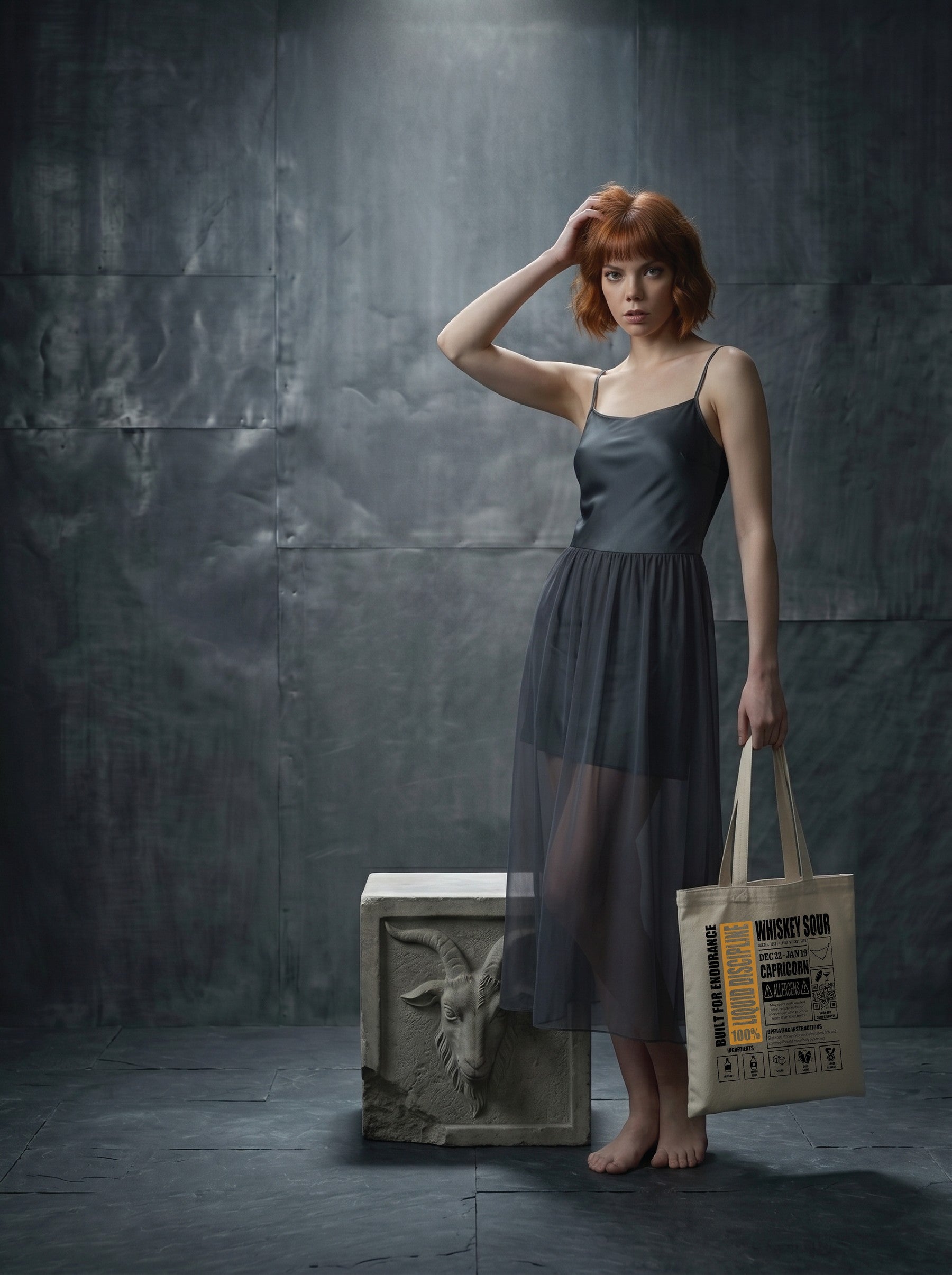 Mr.B Oğlak Burcu Bez Çanta · Zodiac of Cocktails · Whiskey Sour · Ham · Lisa ürünü taşırken (kurgusal karakter, görsel yapay zekâ ile üretildi)