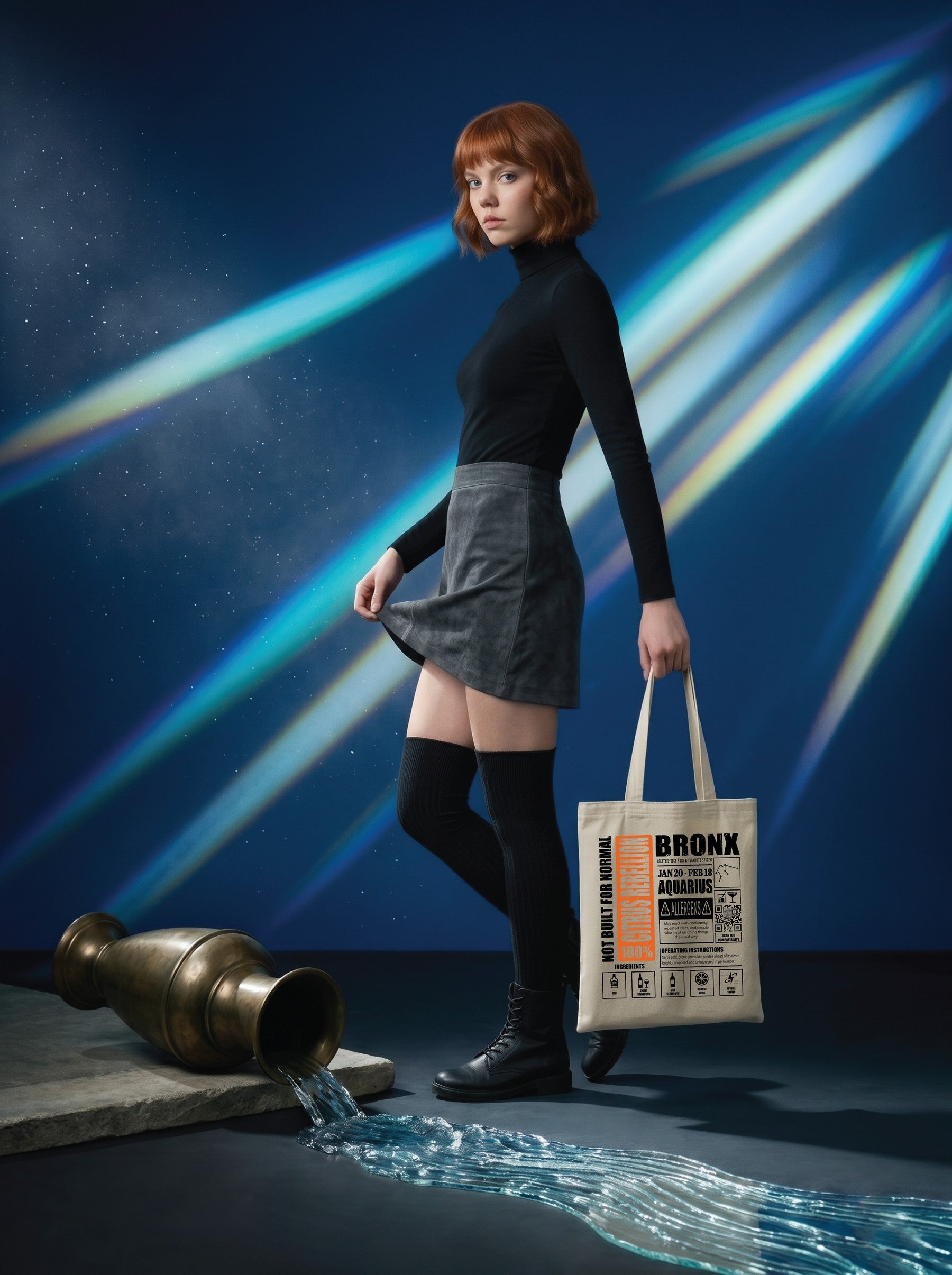 Mr.B Kova Burcu Bez Çanta · Zodiac of Cocktails · Bronx · Ham · Lisa ürünü taşırken (kurgusal karakter, görsel yapay zekâ ile üretildi)