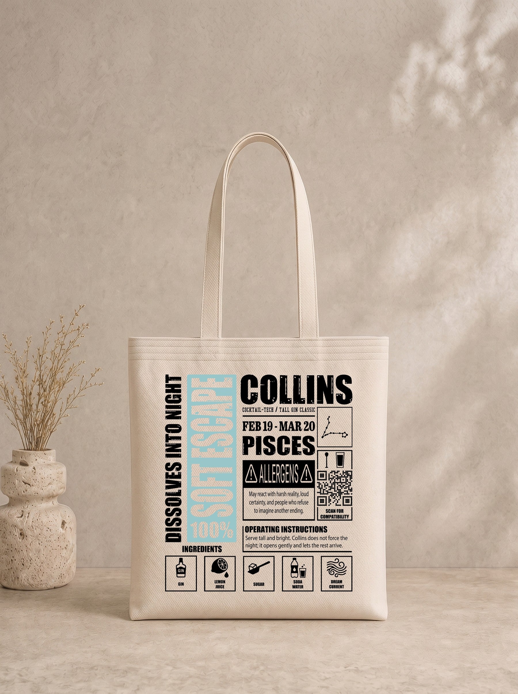 Mr.B Balık Burcu Bez Çanta · Zodiac of Cocktails · Collins · Ham · ürün görseli, baskılı arka yüz
