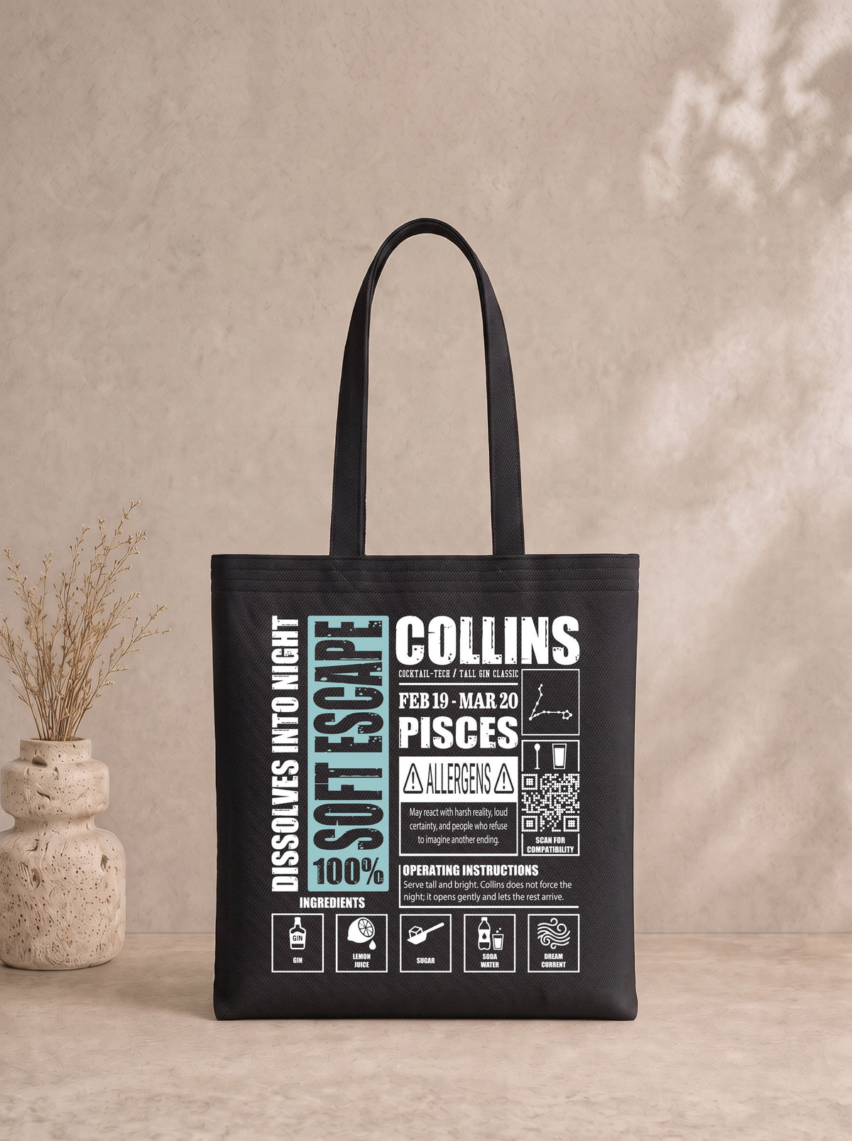 Mr.B Balık Burcu Bez Çanta · Zodiac of Cocktails · Collins · Siyah · ürün görseli, baskılı arka yüz